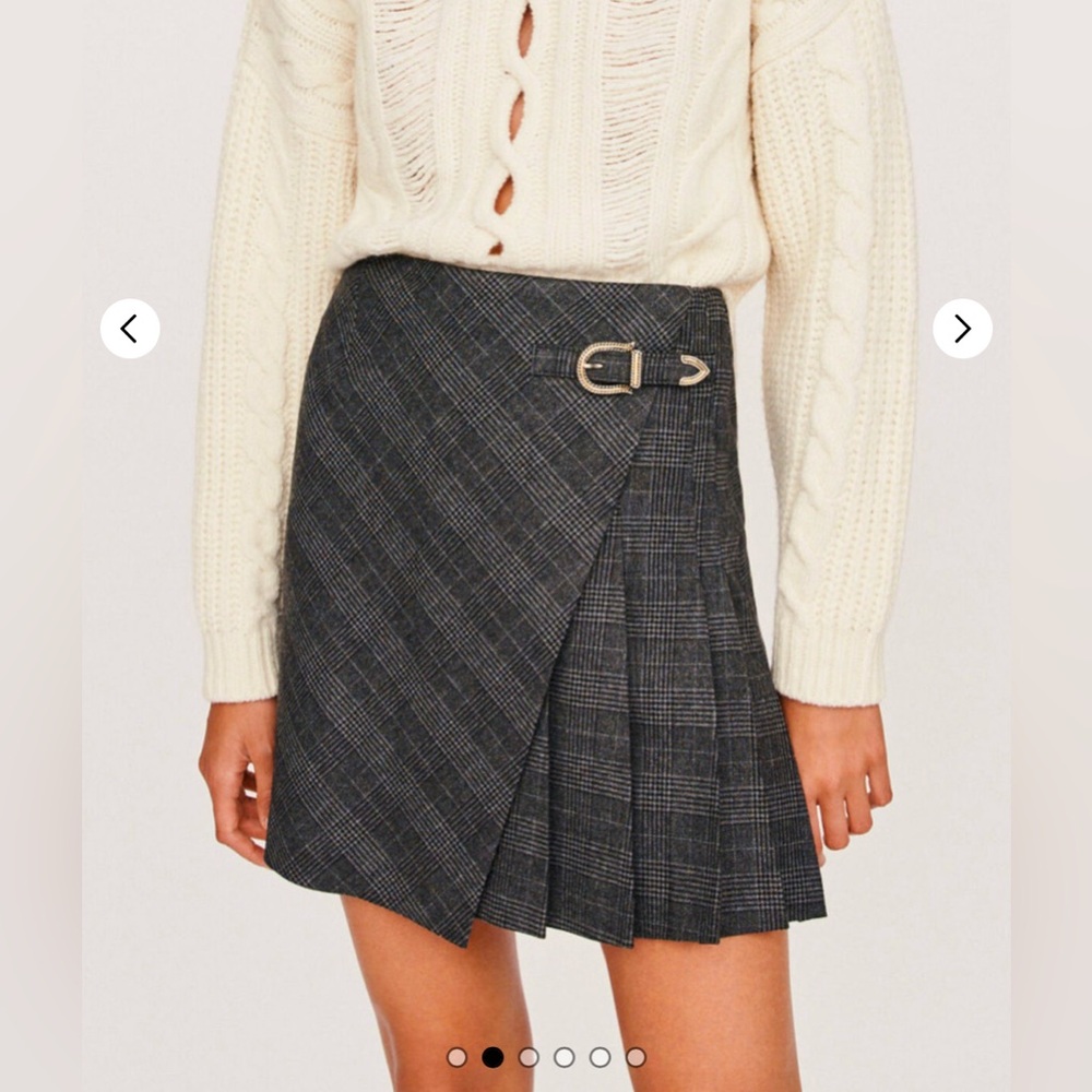 Maje Grey Plaid Wrap Pleated Mini Skirt with Buckle